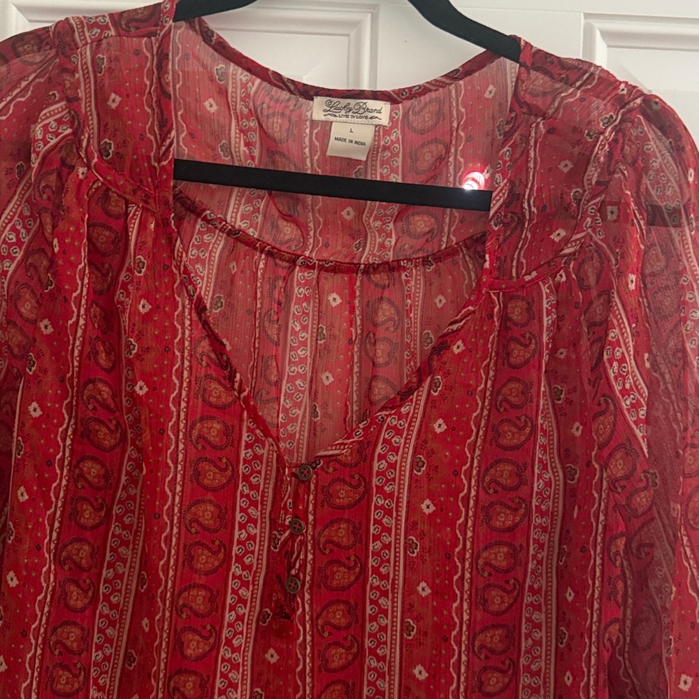 Lucky Brand Red Printed Sheer Peasant Top - Picture 2 of 7